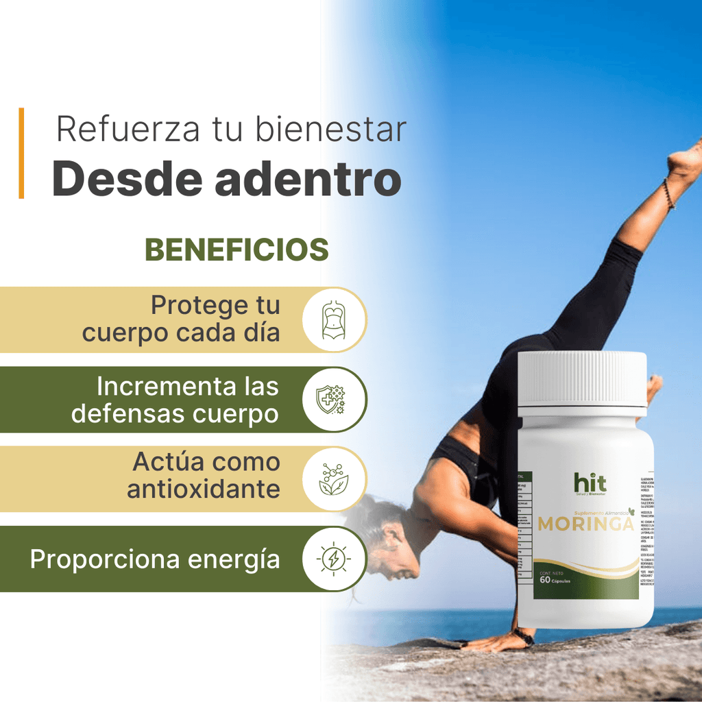 HIT® Moringa en Cápsulas 60 pzs | Complemento Alimenticio con Moringa, Uva, Té Verde y Alga Espirulina | Fórmula Herbal de Origen Natural | Uso Adulto
