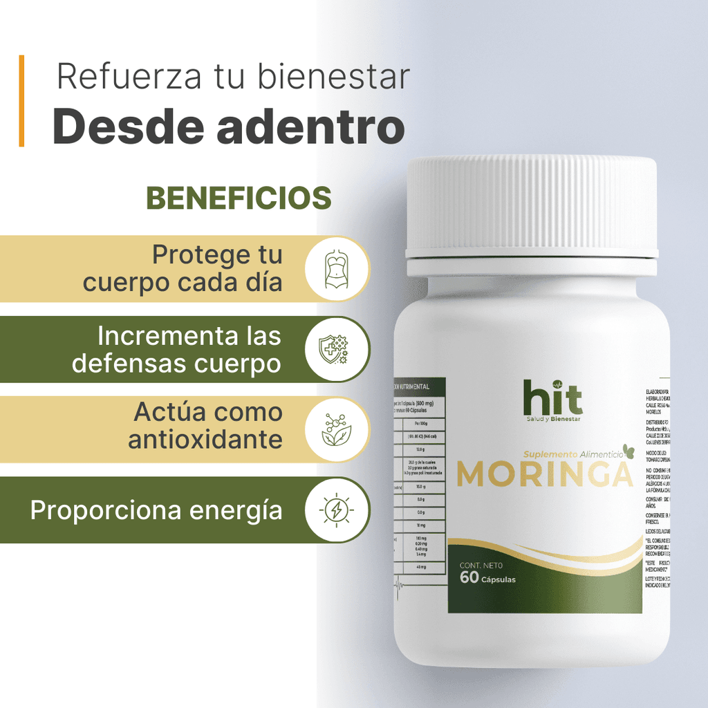HIT® Moringa en Cápsulas 60 pzs | Complemento Alimenticio con Moringa, Uva, Té Verde y Alga Espirulina | Fórmula Herbal de Origen Natural | Uso Adulto