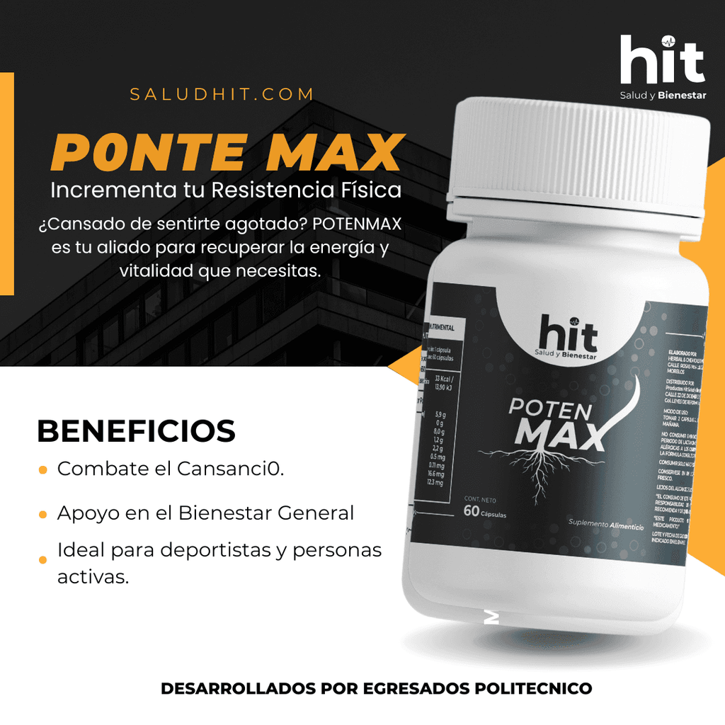 Poten Max-Maca 60 Cápsulas HIT | Complemento Natural con Maca para Energía, Vitalidad y Rendimiento | Apoyo al Desempeño Físico y Bienestar General
