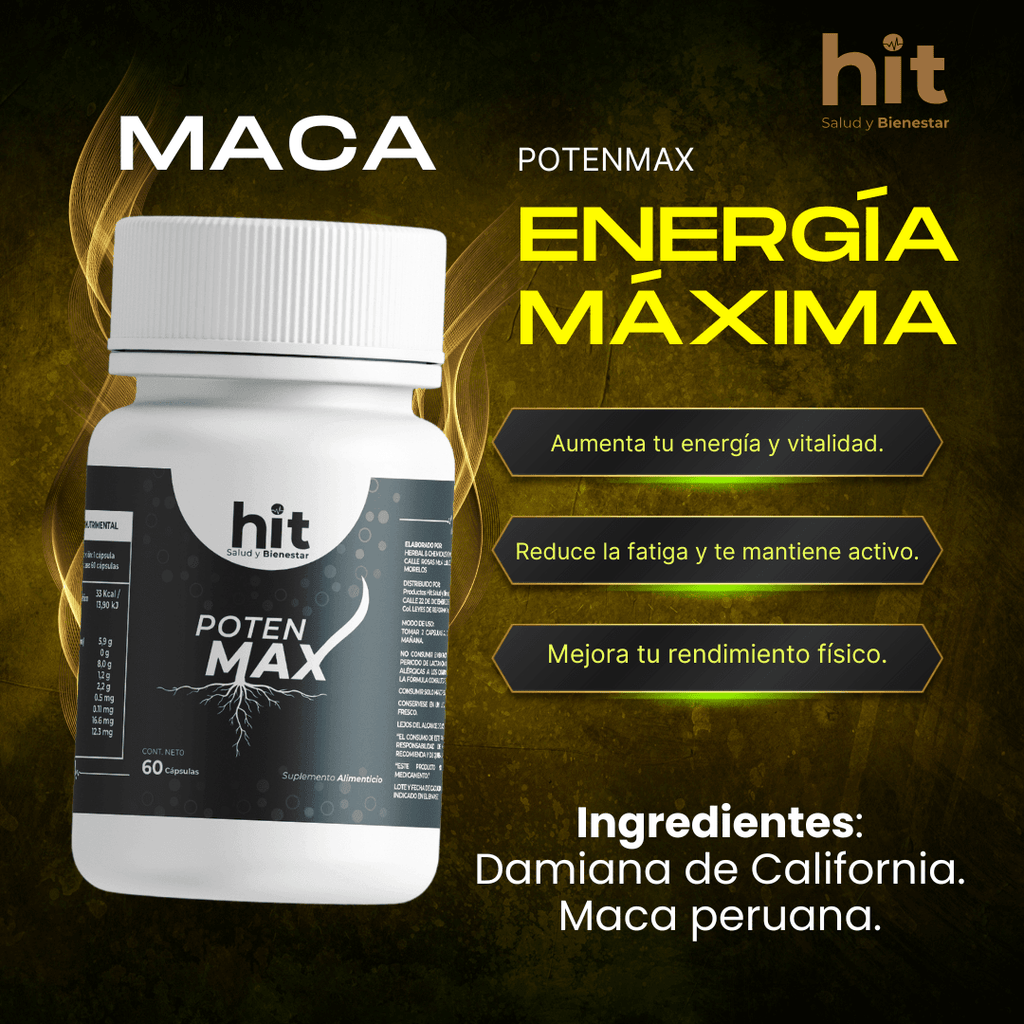 Poten Max-Maca 60 Cápsulas HIT | Complemento Natural con Maca para Energía, Vitalidad y Rendimiento | Apoyo al Desempeño Físico y Bienestar General
