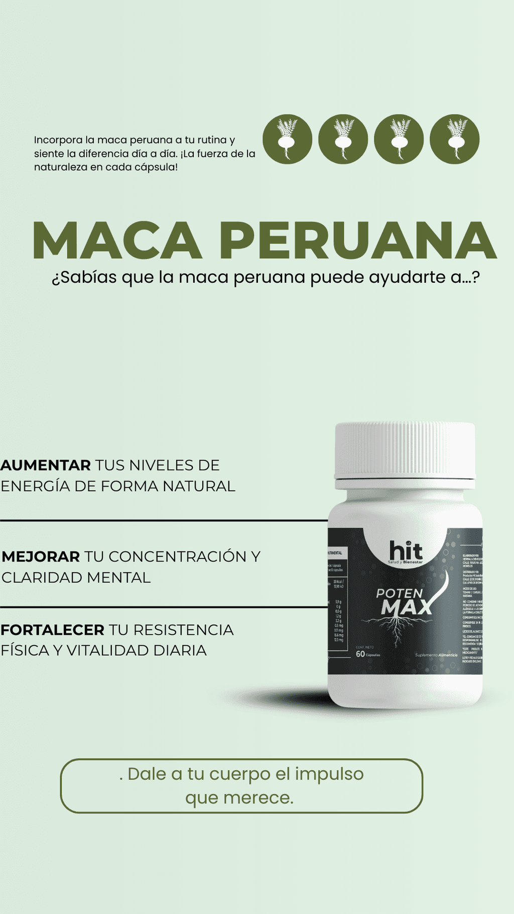 HIT Poten Max Maca – Complemento Alimenticio con Maca | Apoyo a Energía, Vitalidad y Rendimiento | 60 Cápsulas por Caja | Pack de 5 Piezas