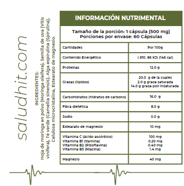 HIT® Moringa en Cápsulas 60 pzs | Complemento Alimenticio con Moringa, Uva, Té Verde y Alga Espirulina | Fórmula Herbal de Origen Natural | Uso Adulto
